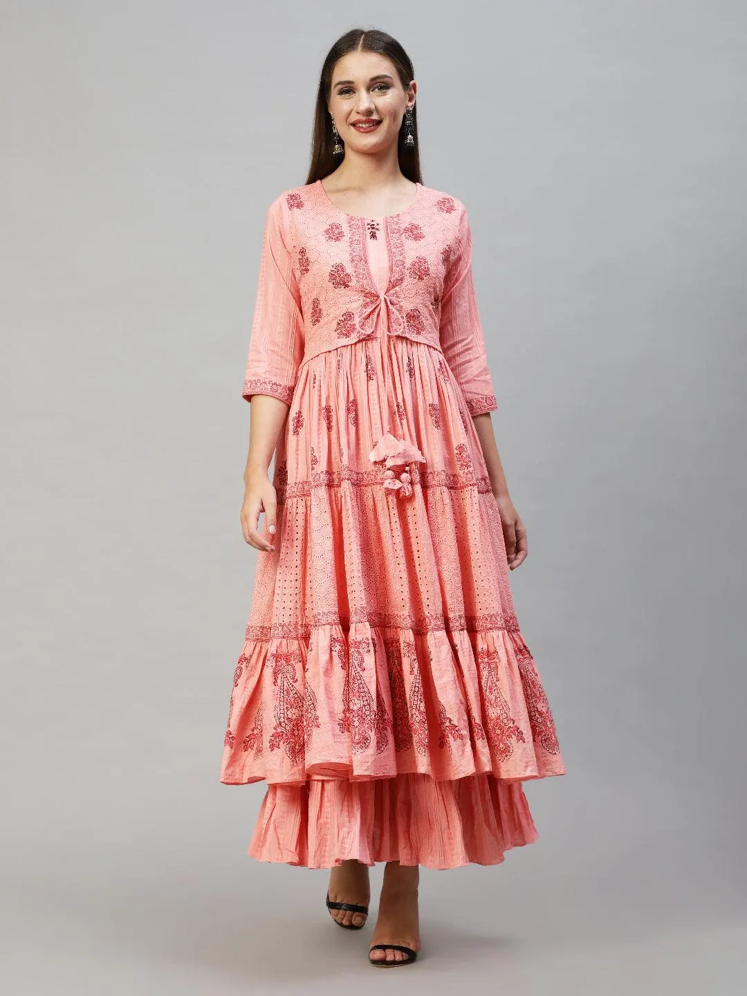 Ethnic Printed Tiered Flared Maxi Dress - Peach
