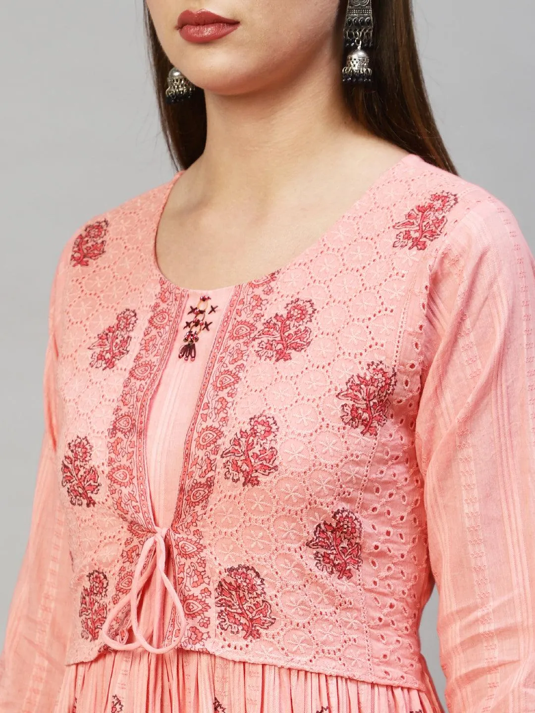 Ethnic Printed Tiered Flared Maxi Dress - Peach