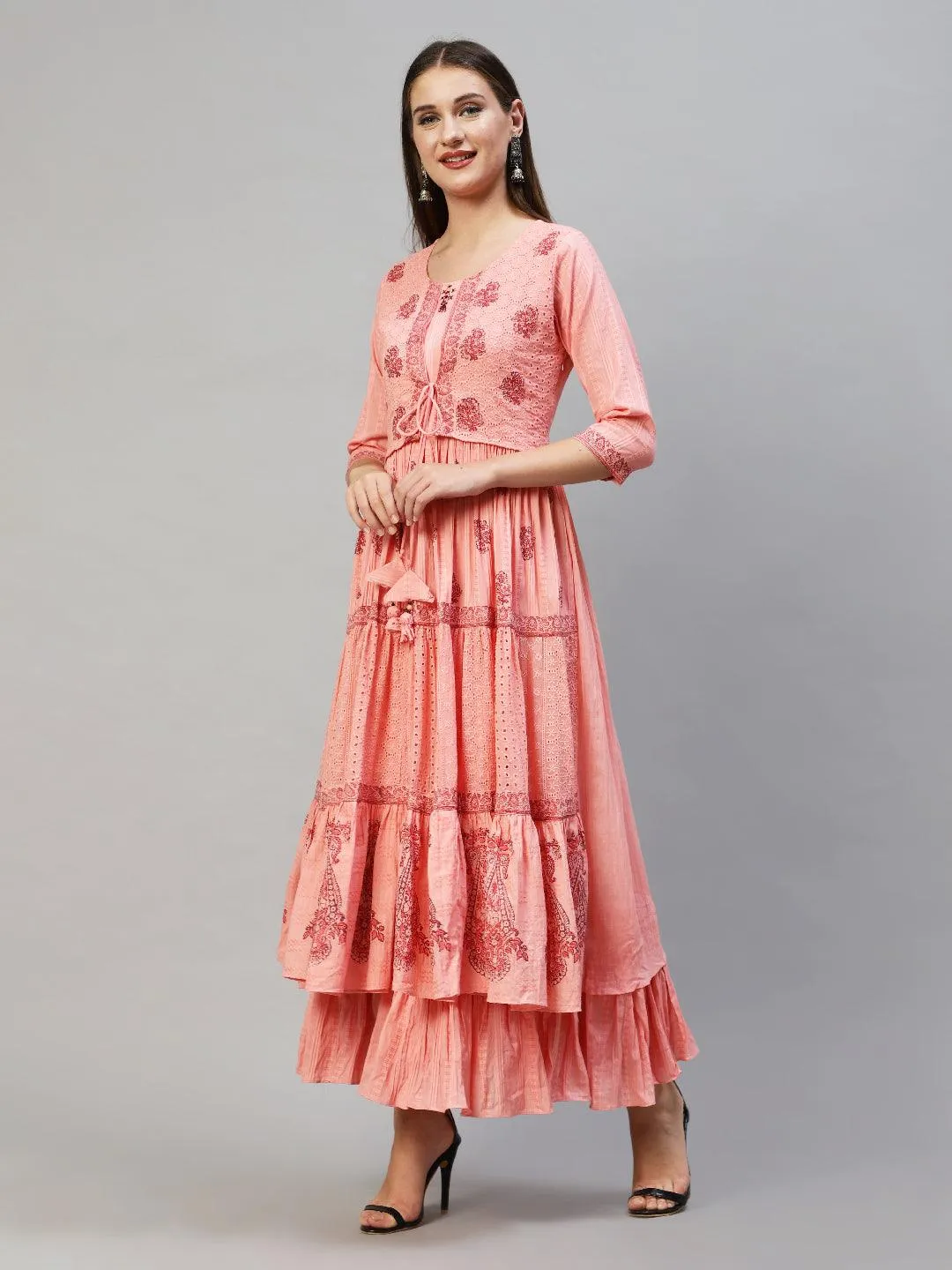 Ethnic Printed Tiered Flared Maxi Dress - Peach
