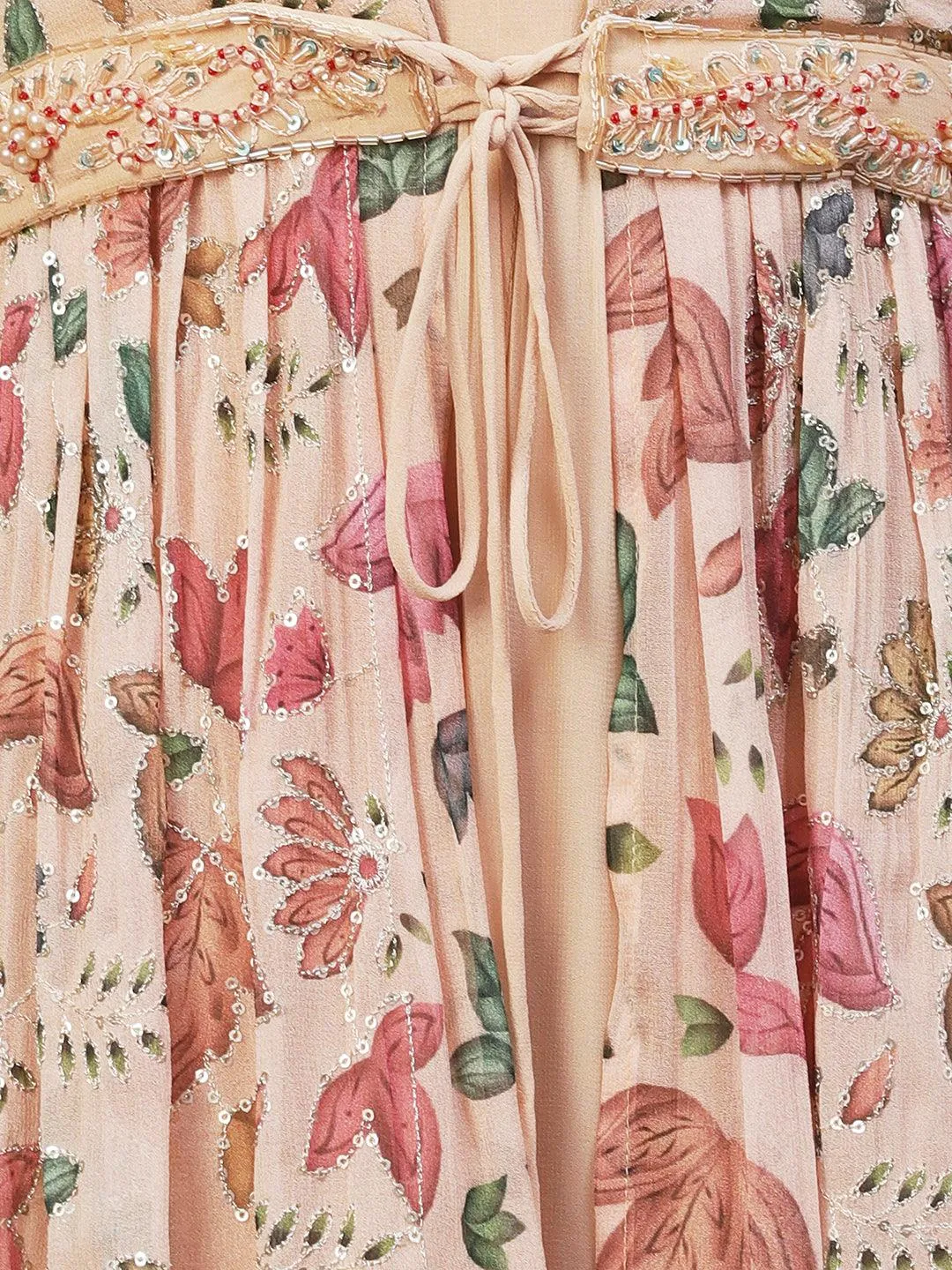 Floral Printed Embroidered Layered Dress With Attached Belt - Beige