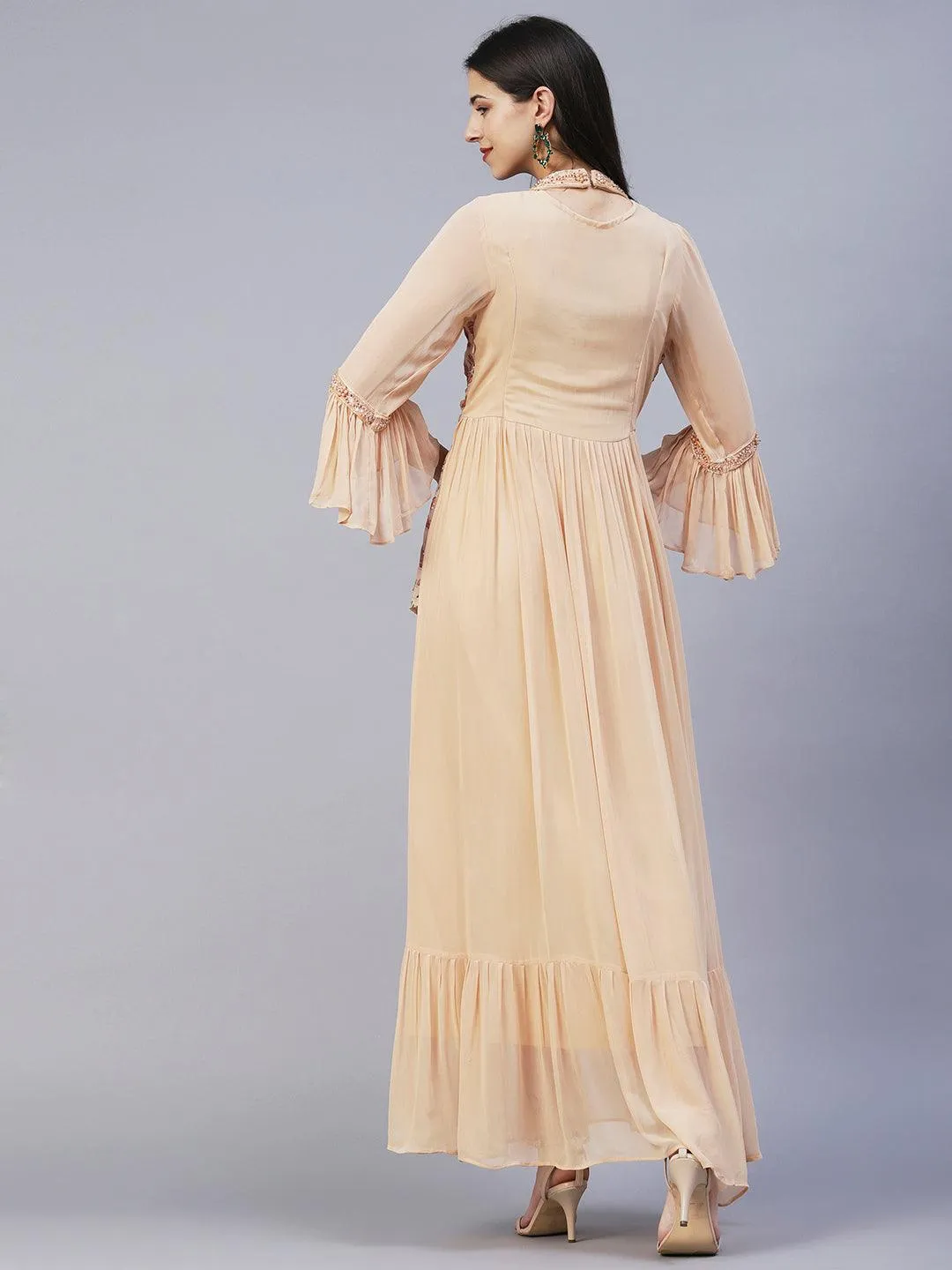 Floral Printed Embroidered Layered Dress With Attached Belt - Beige