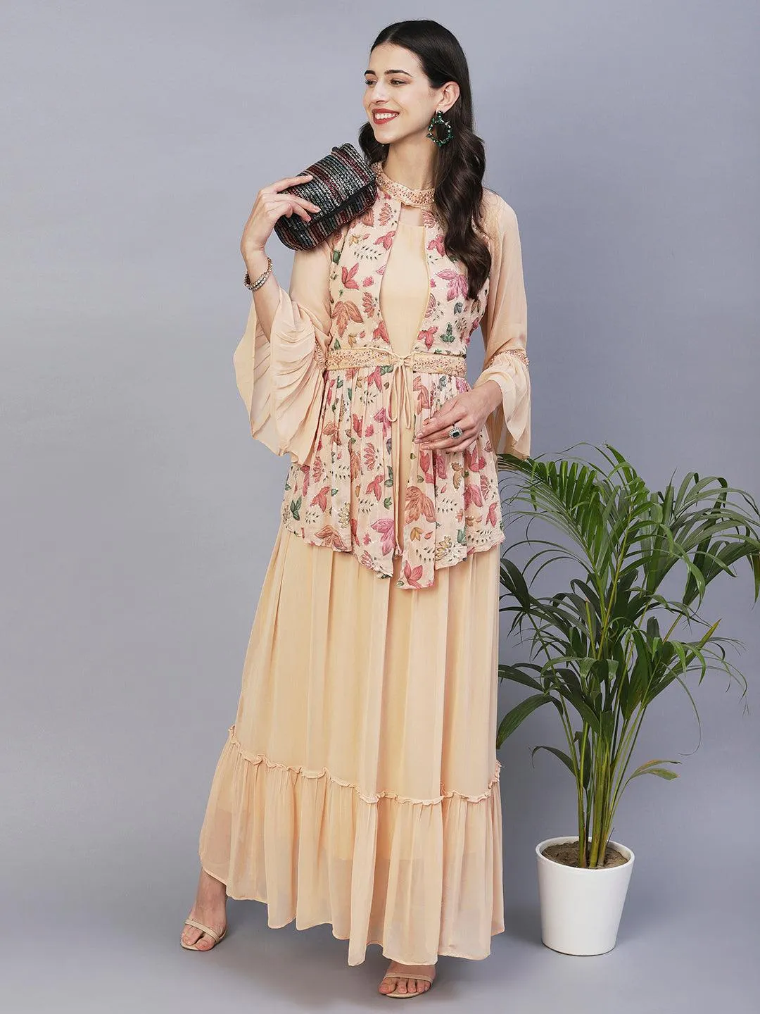 Floral Printed Embroidered Layered Dress With Attached Belt - Beige