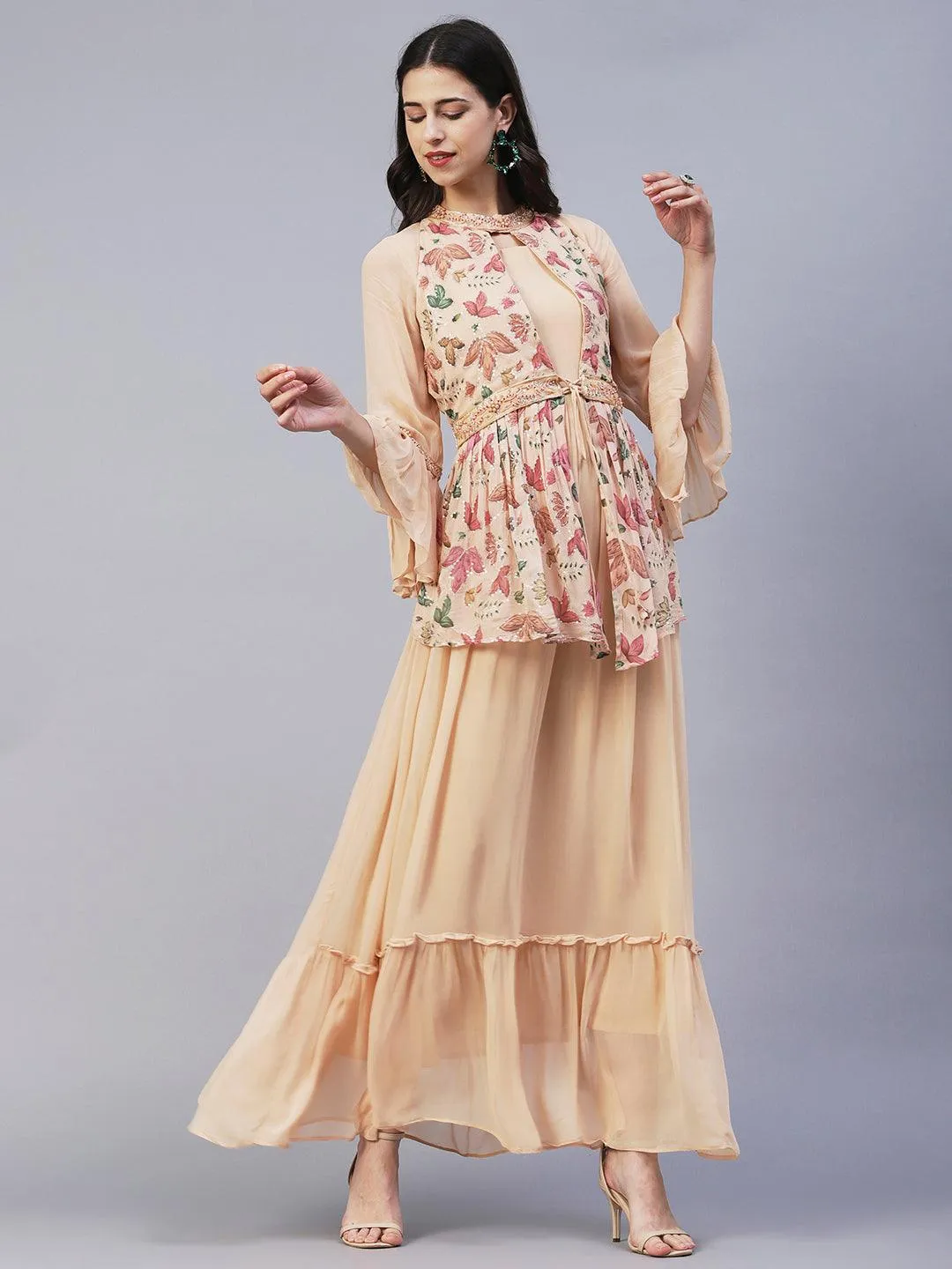 Floral Printed Embroidered Layered Dress With Attached Belt - Beige