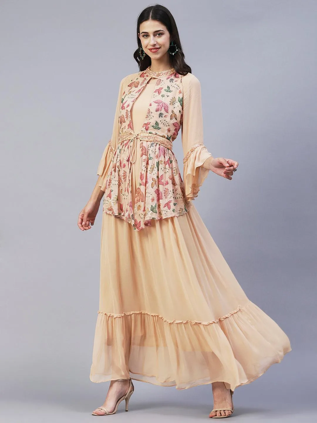 Floral Printed Embroidered Layered Dress With Attached Belt - Beige