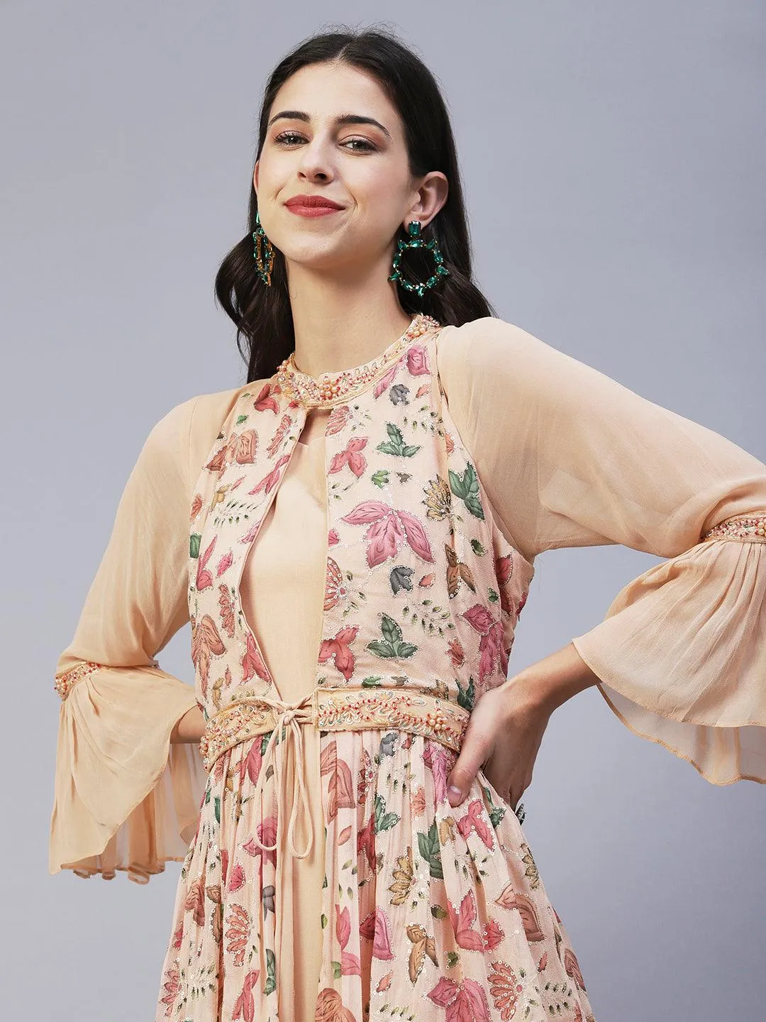 Floral Printed Embroidered Layered Dress With Attached Belt - Beige