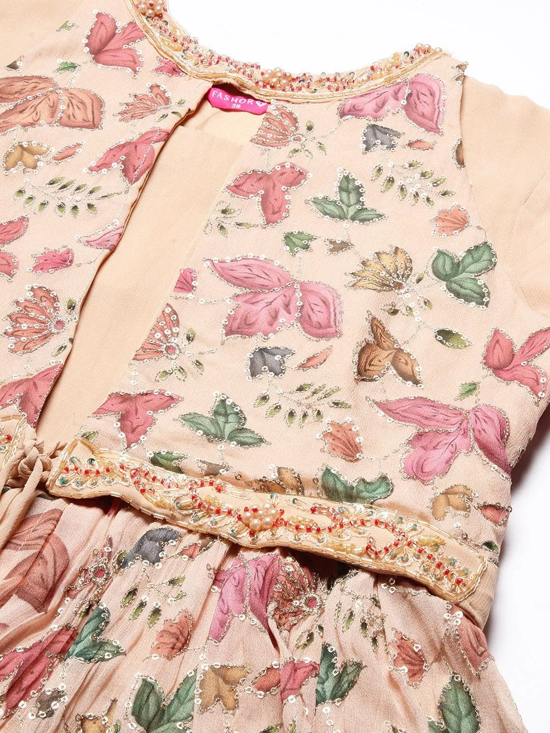 Floral Printed Embroidered Layered Dress With Attached Belt - Beige
