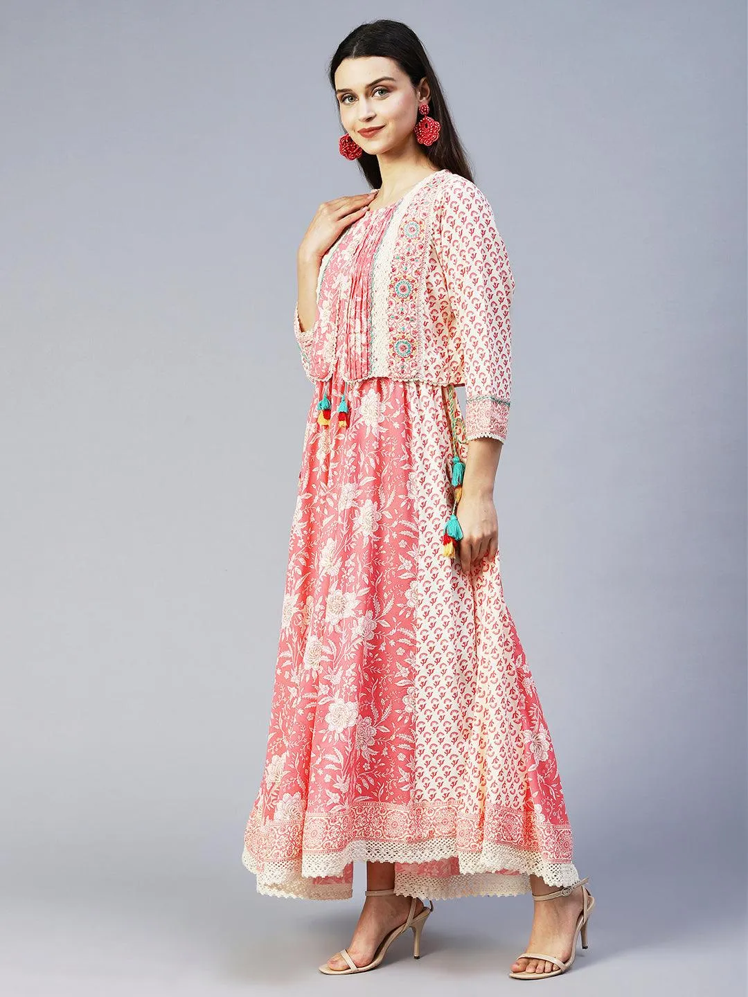 Floral Printed Flared Maxi Dress with Embroidered Jacket - Peach