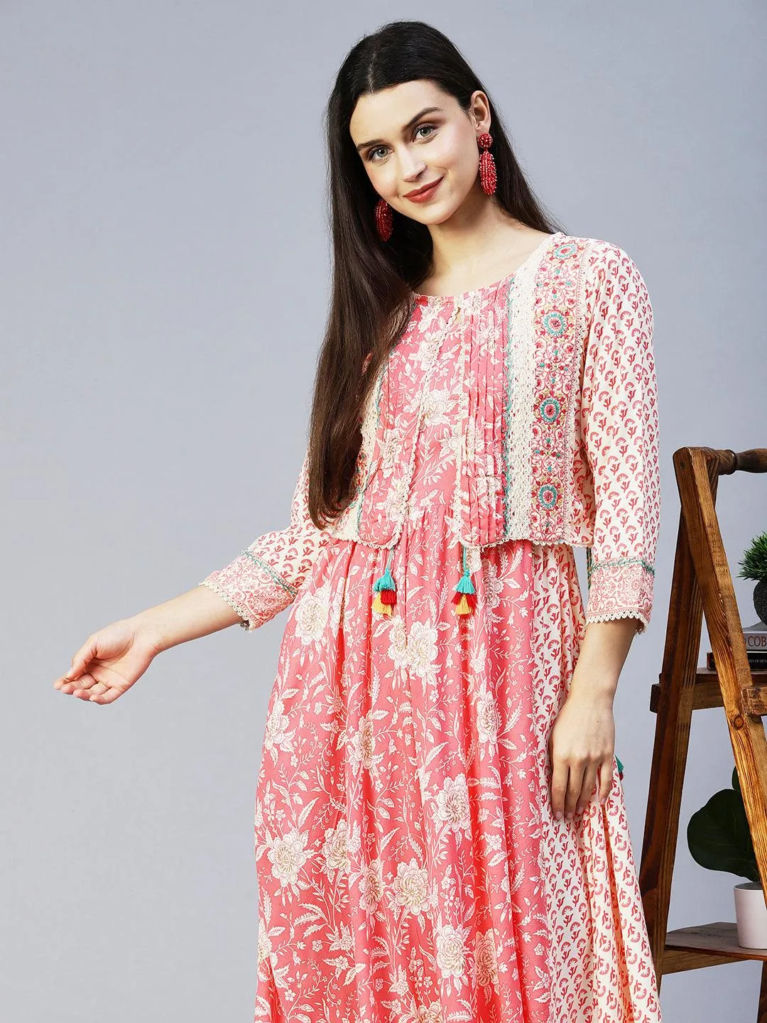 Floral Printed Flared Maxi Dress with Embroidered Jacket - Peach
