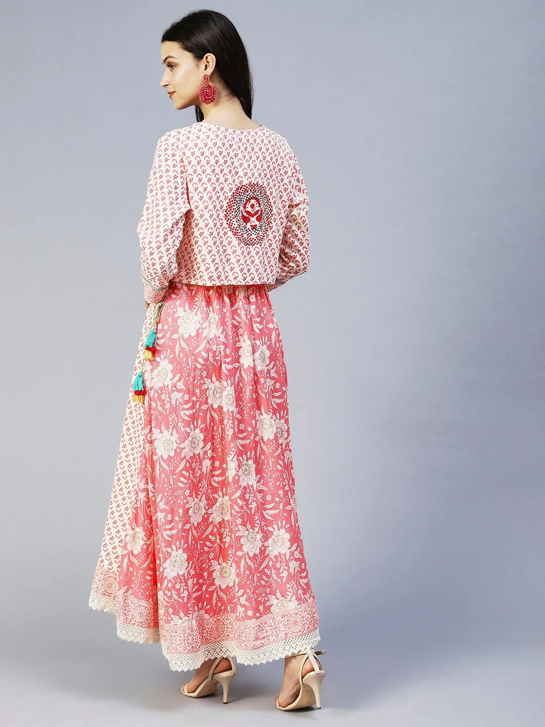 Floral Printed Flared Maxi Dress with Embroidered Jacket - Peach