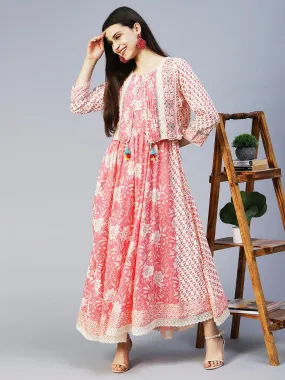 Floral Printed Flared Maxi Dress with Embroidered Jacket - Peach
