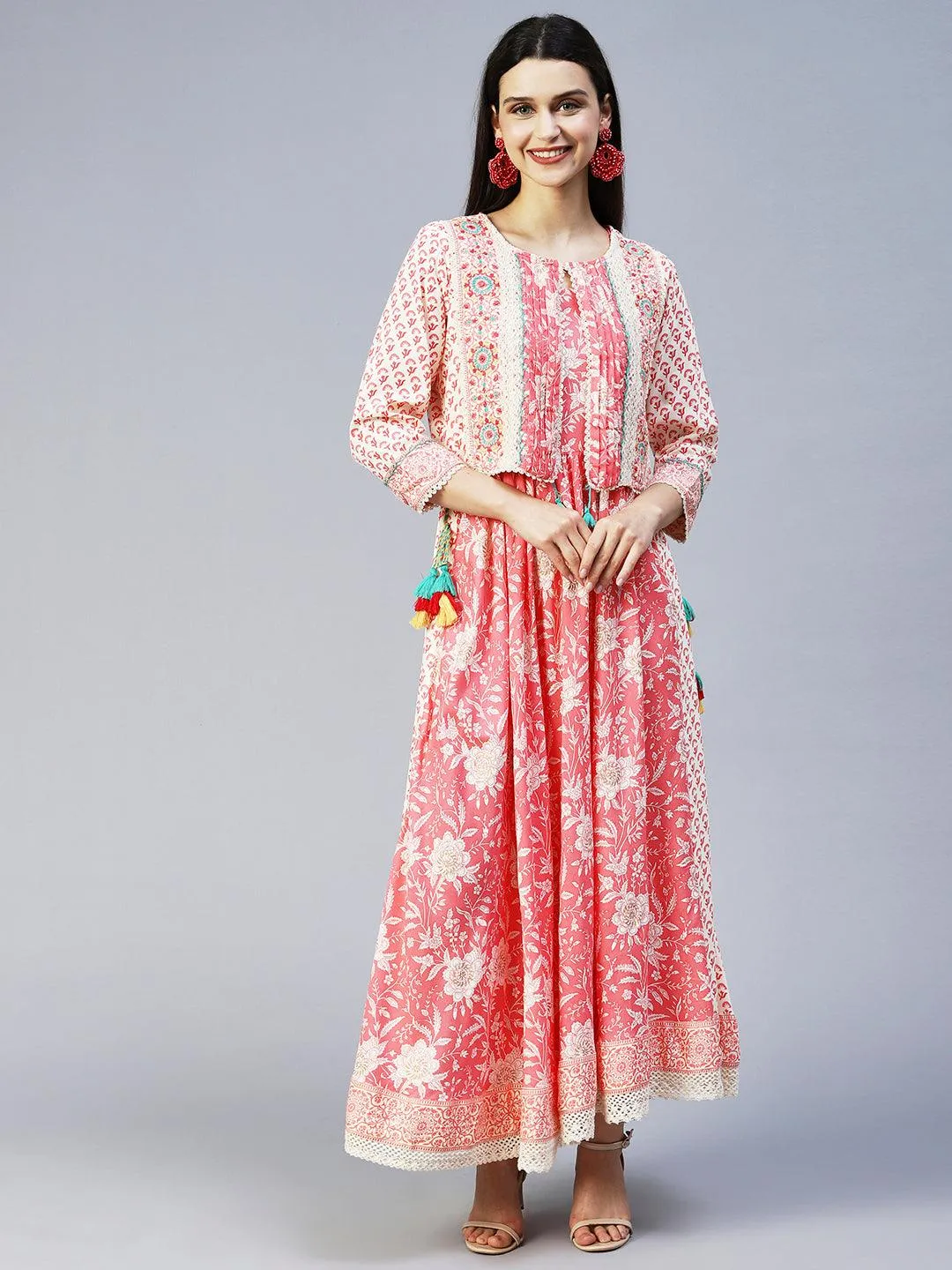 Floral Printed Flared Maxi Dress with Embroidered Jacket - Peach