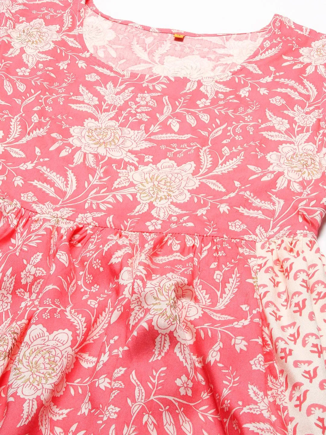 Floral Printed Flared Maxi Dress with Embroidered Jacket - Peach