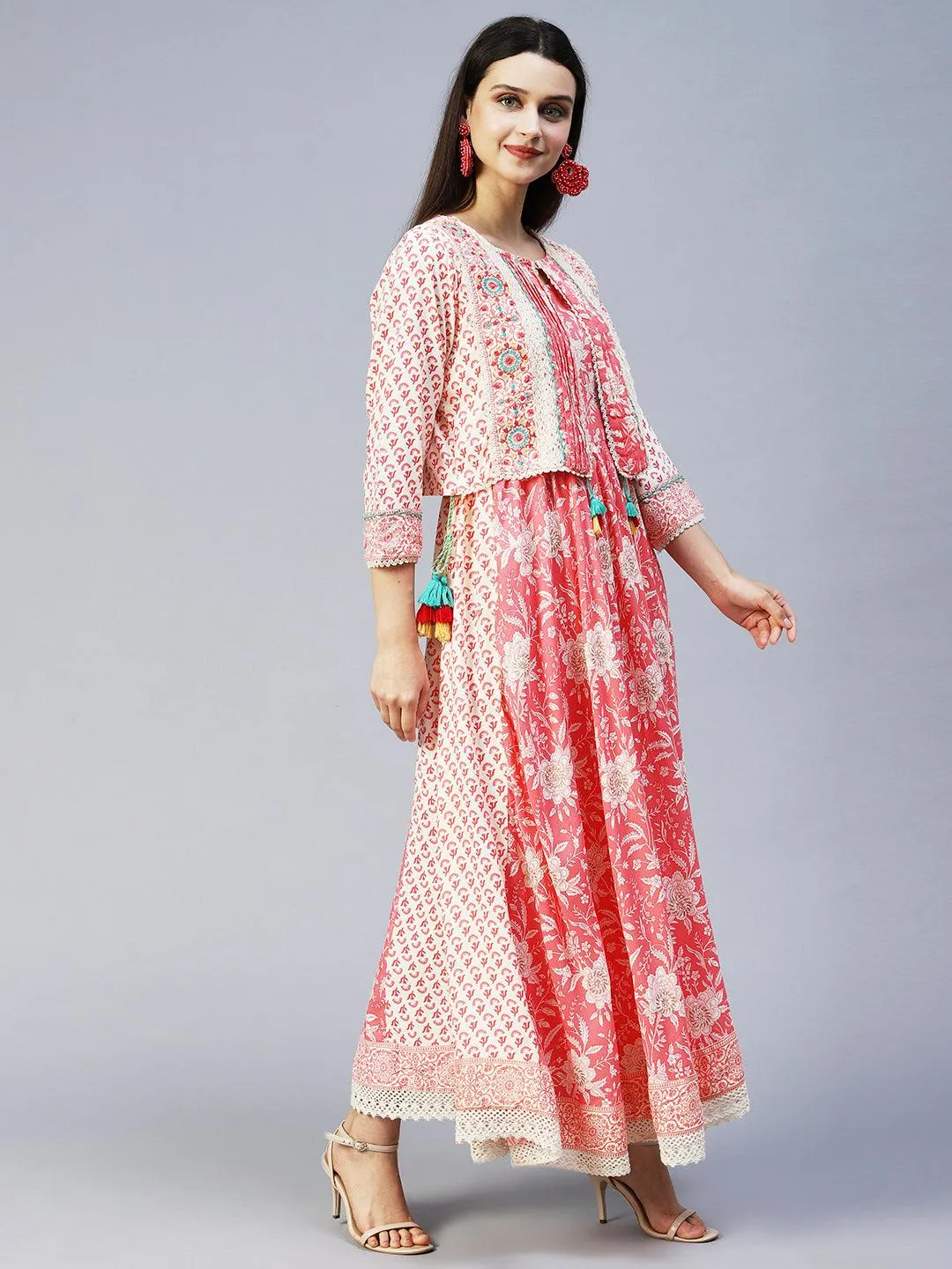 Floral Printed Flared Maxi Dress with Embroidered Jacket - Peach