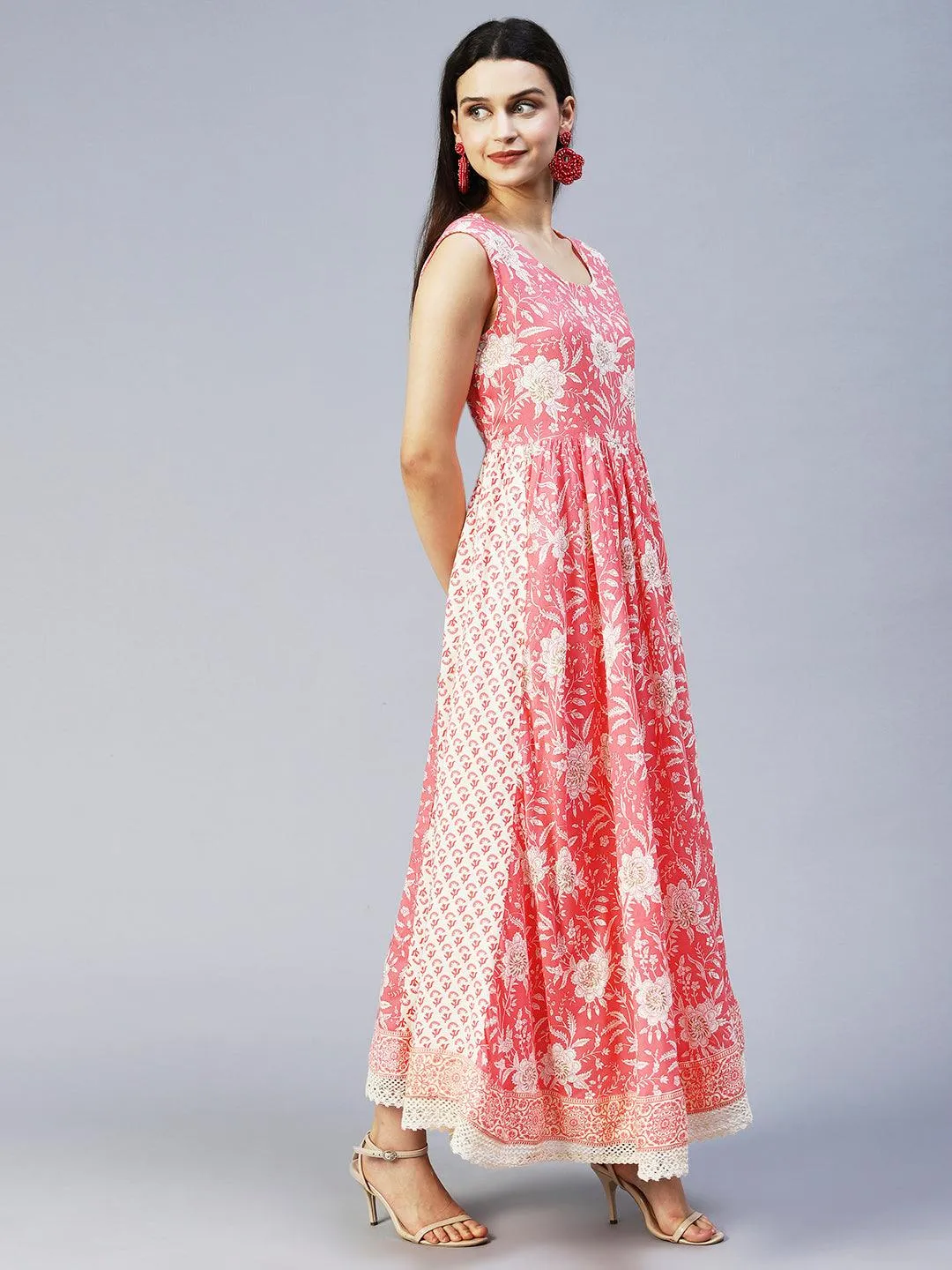 Floral Printed Flared Maxi Dress with Embroidered Jacket - Peach