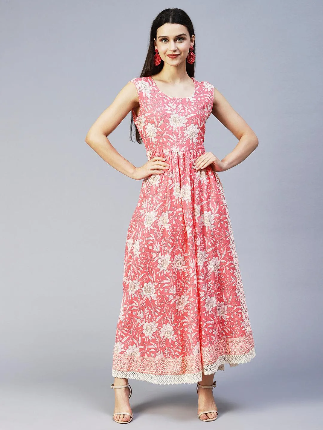 Floral Printed Flared Maxi Dress with Embroidered Jacket - Peach