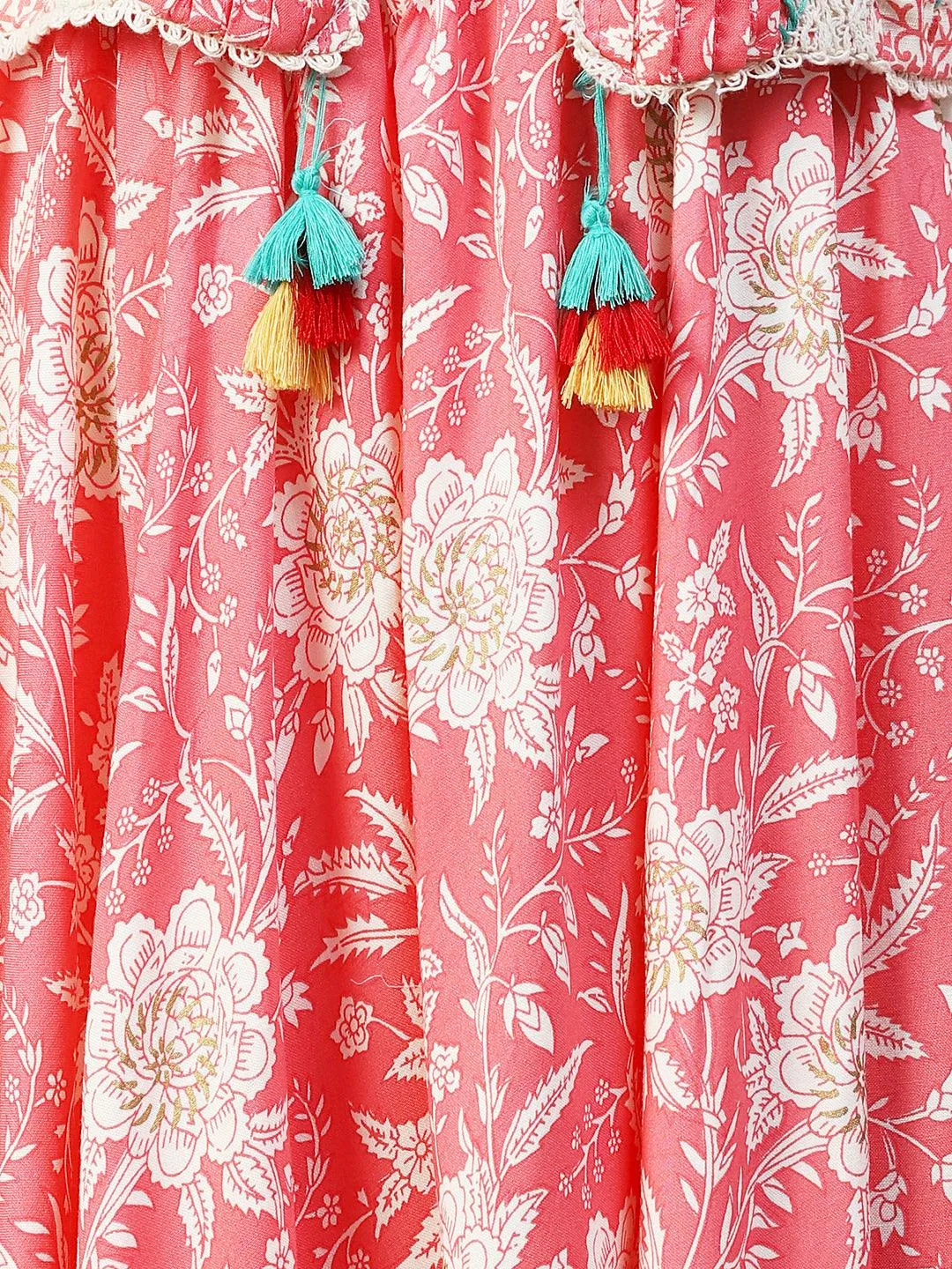 Floral Printed Flared Maxi Dress with Embroidered Jacket - Peach