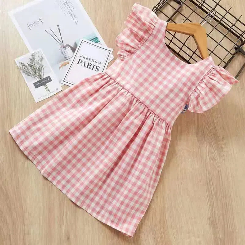 Girl Plaid Dress Fashion Princess Summer Outfit Causal Cute Kids Heart Clothing for 2-6 Years Birthday Party Uniform Wear