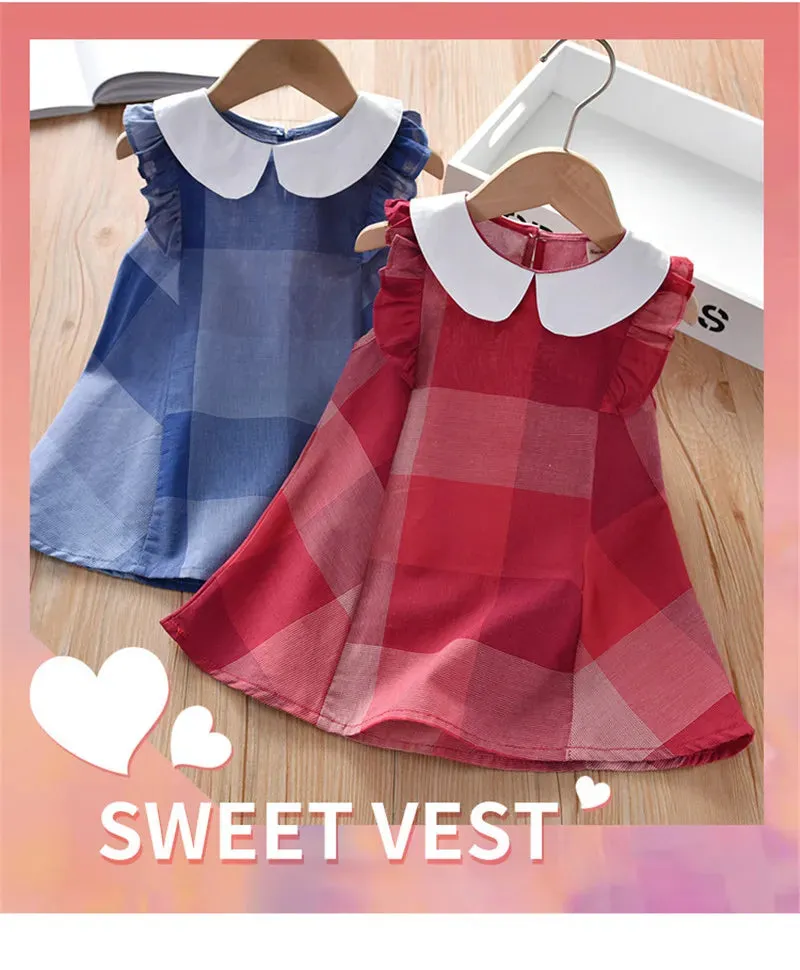 Girl Plaid Dress Fashion Princess Summer Outfit Causal Cute Kids Heart Clothing for 2-6 Years Birthday Party Uniform Wear