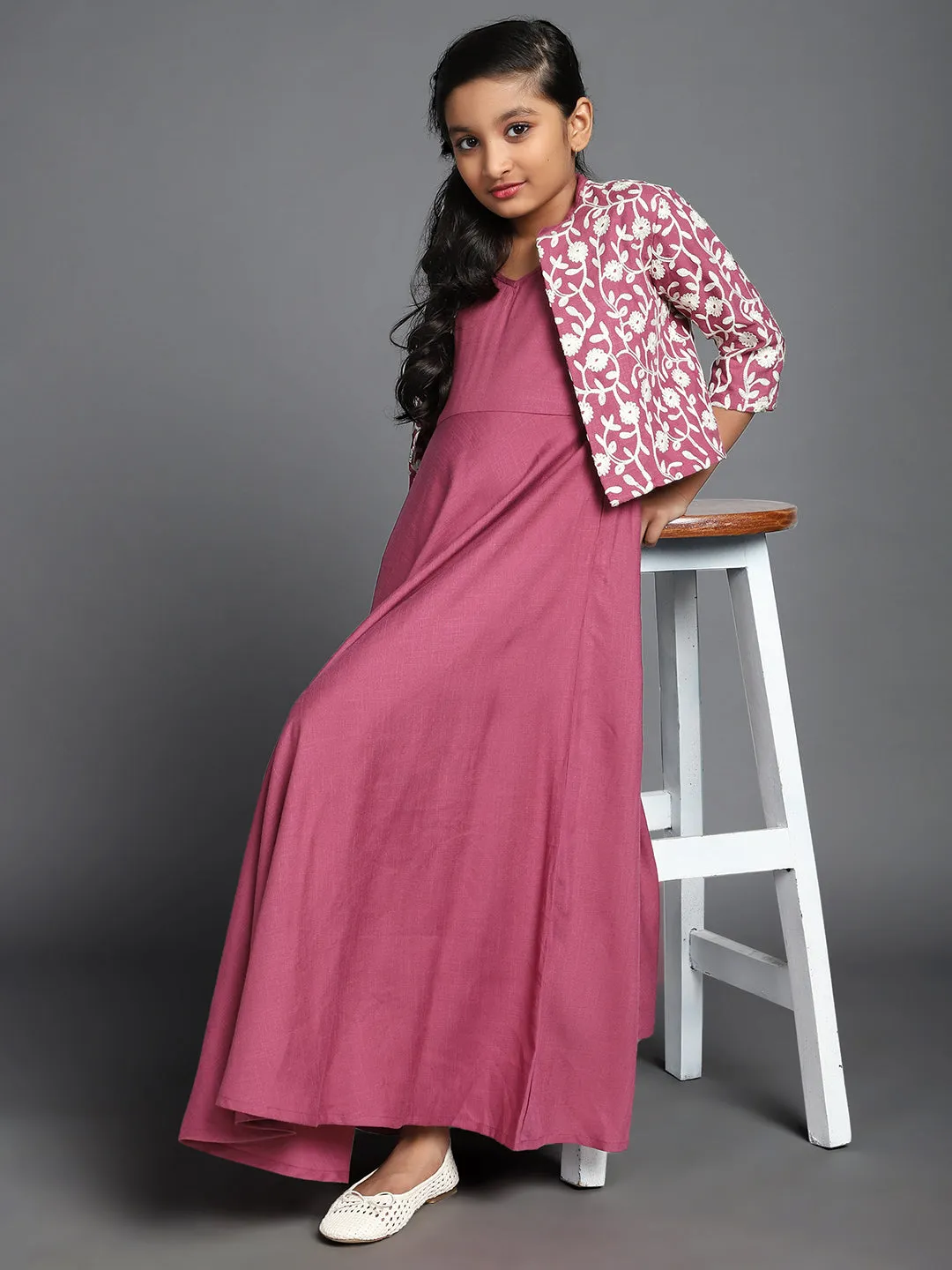 Girl's Purple Solid Maxi With Schiffli Design Jacket - Aks Girls