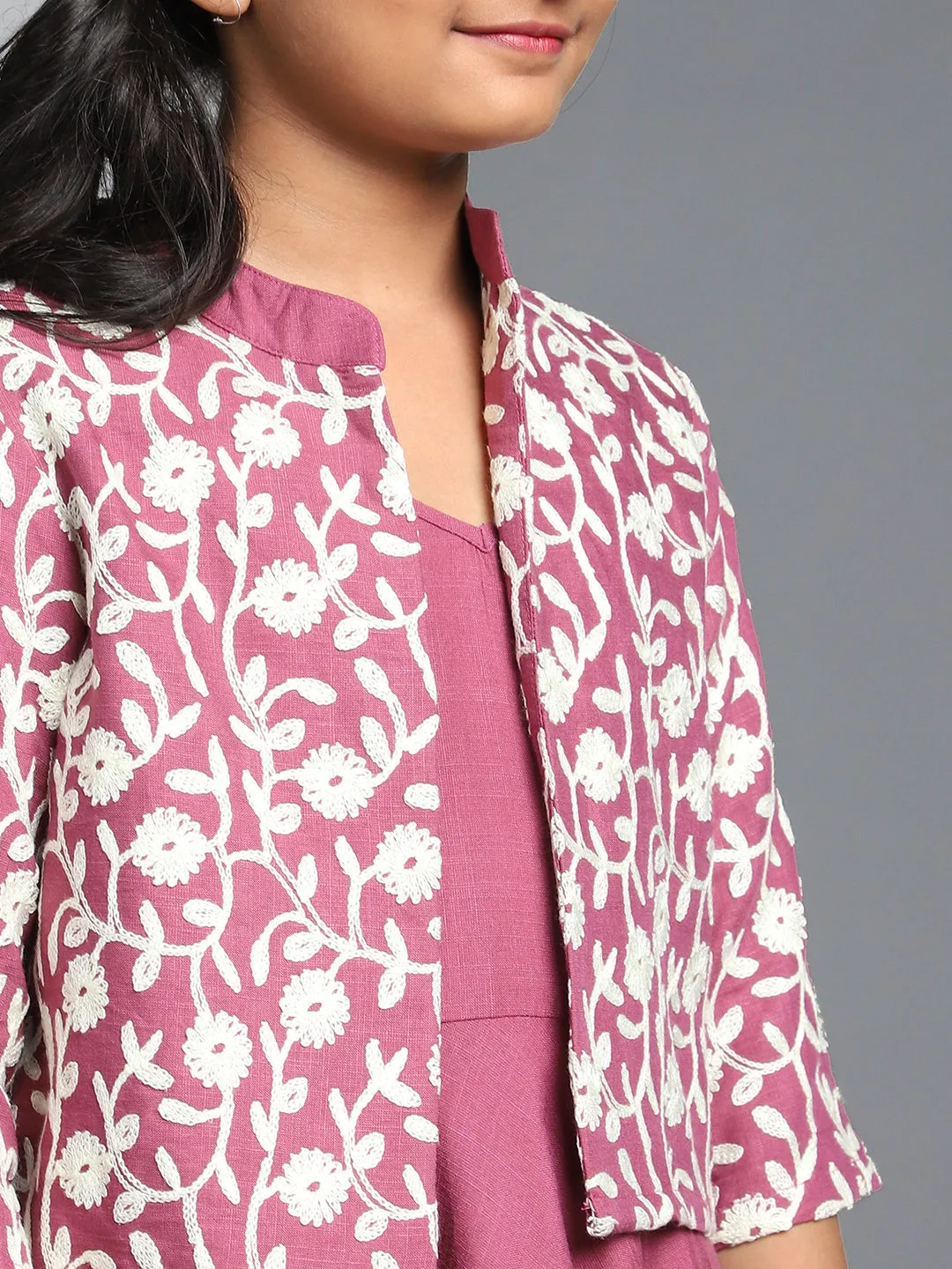 Girl's Purple Solid Maxi With Schiffli Design Jacket - Aks Girls