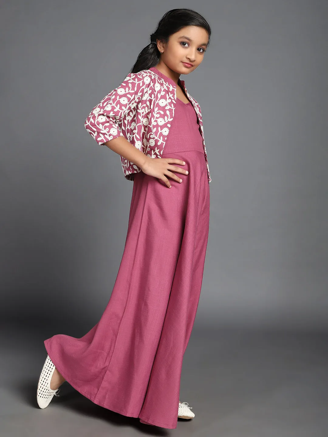 Girl's Purple Solid Maxi With Schiffli Design Jacket - Aks Girls