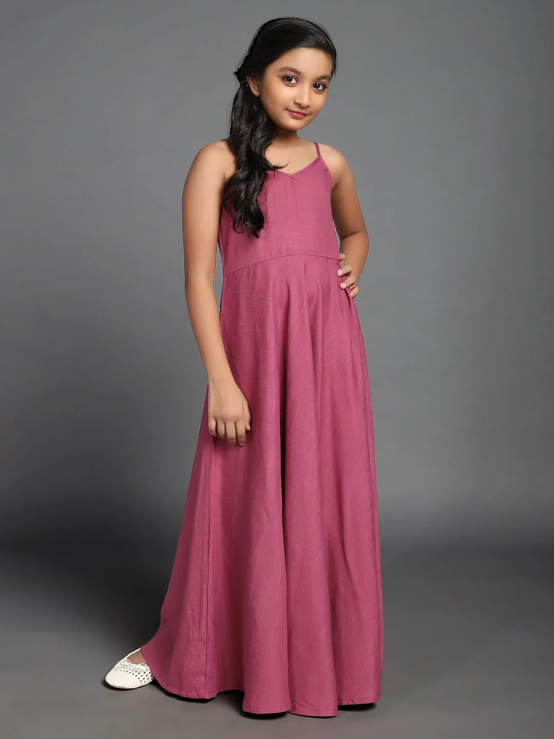 Girl's Purple Solid Maxi With Schiffli Design Jacket - Aks Girls