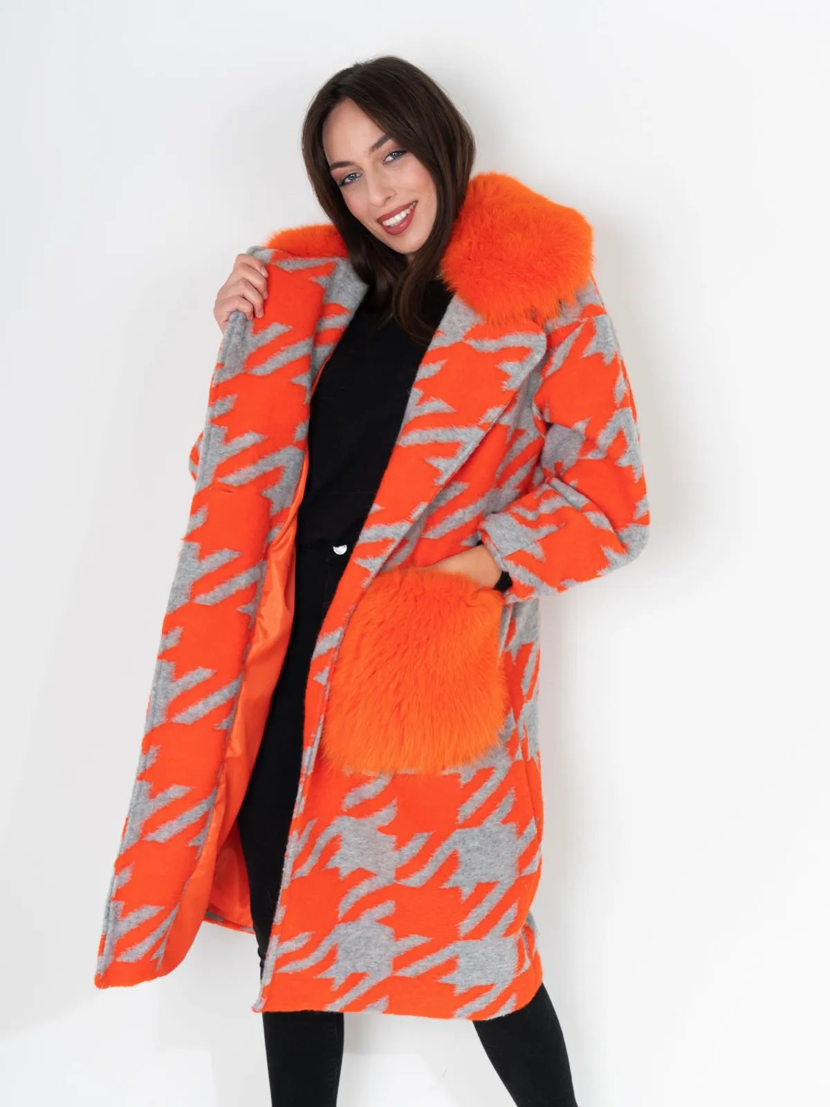 Gray Orange Patterned Fox Coat With Pockets And Collar