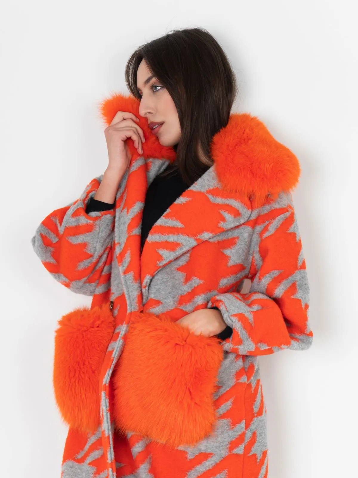 Gray Orange Patterned Fox Coat With Pockets And Collar