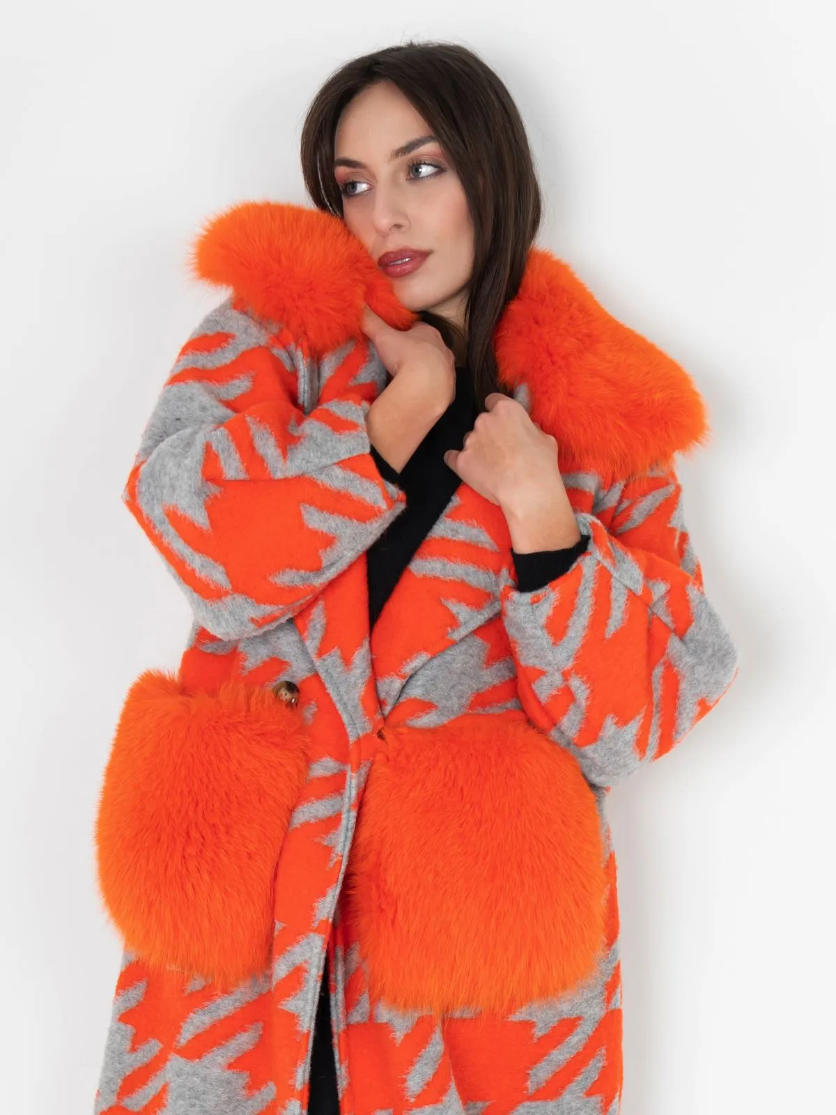 Gray Orange Patterned Fox Coat With Pockets And Collar