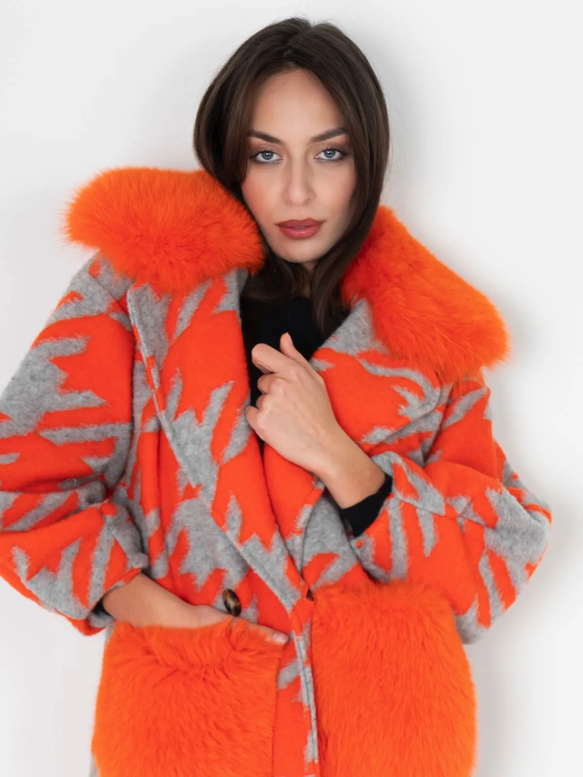 Gray Orange Patterned Fox Coat With Pockets And Collar
