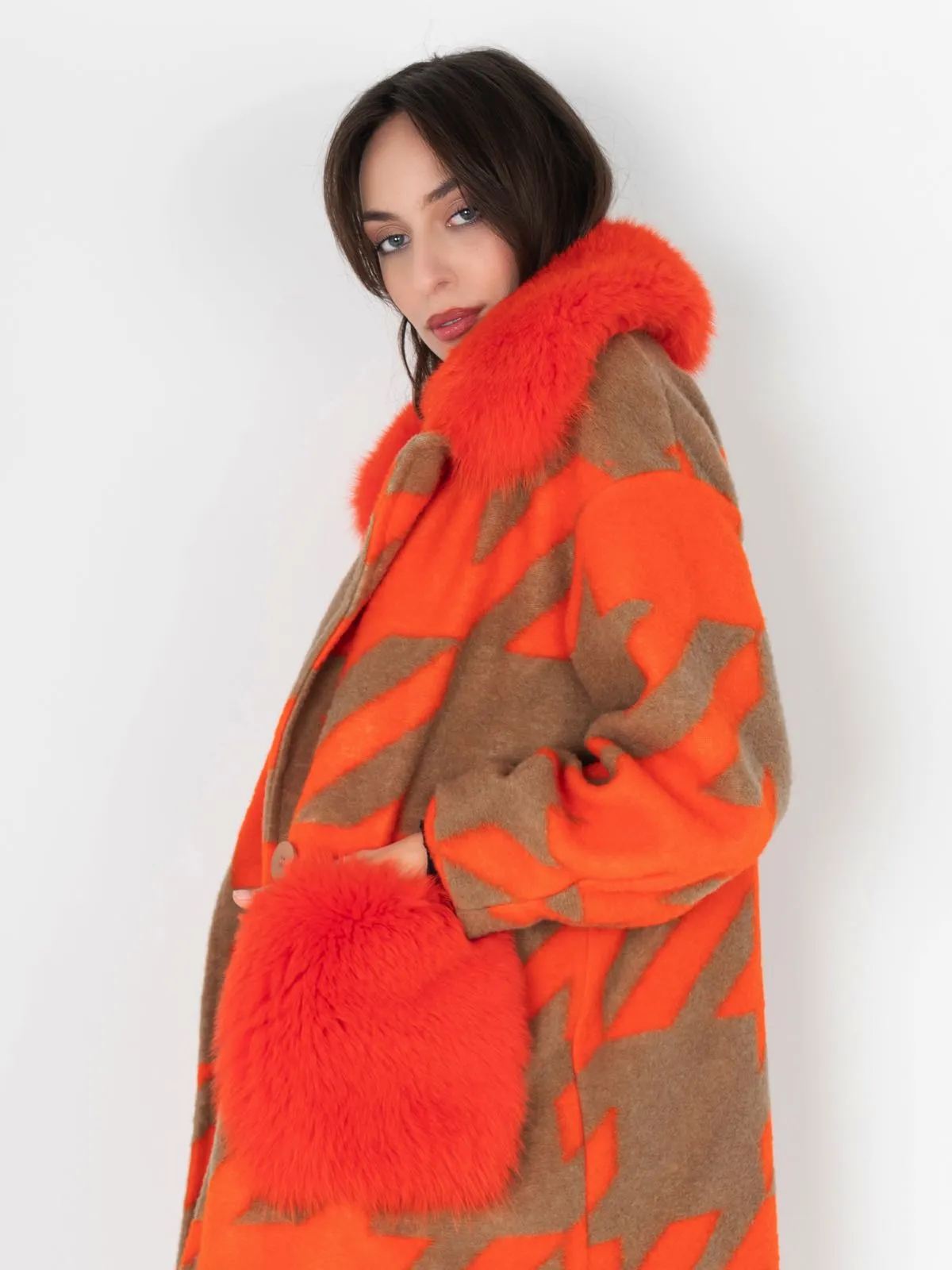 Gray Orange Patterned Fox Coat With Pockets And Collar