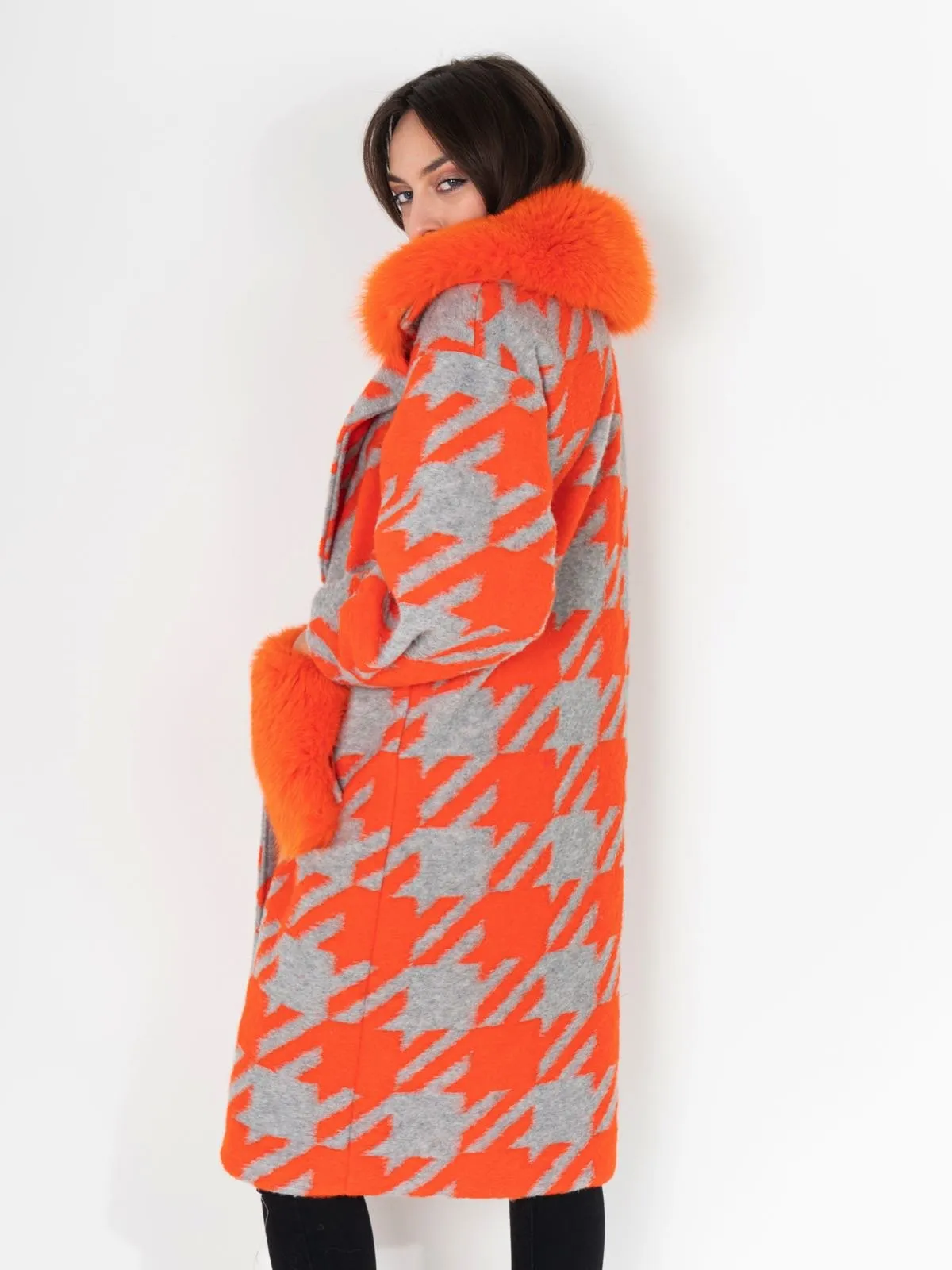 Gray Orange Patterned Fox Coat With Pockets And Collar