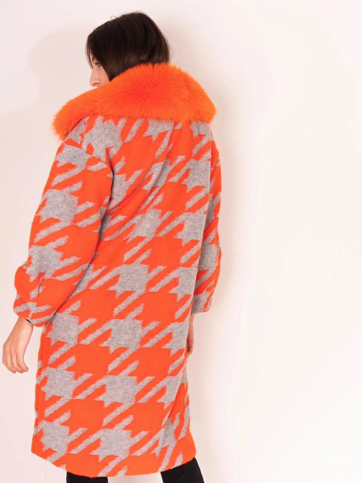 Gray Orange Patterned Fox Coat With Pockets And Collar