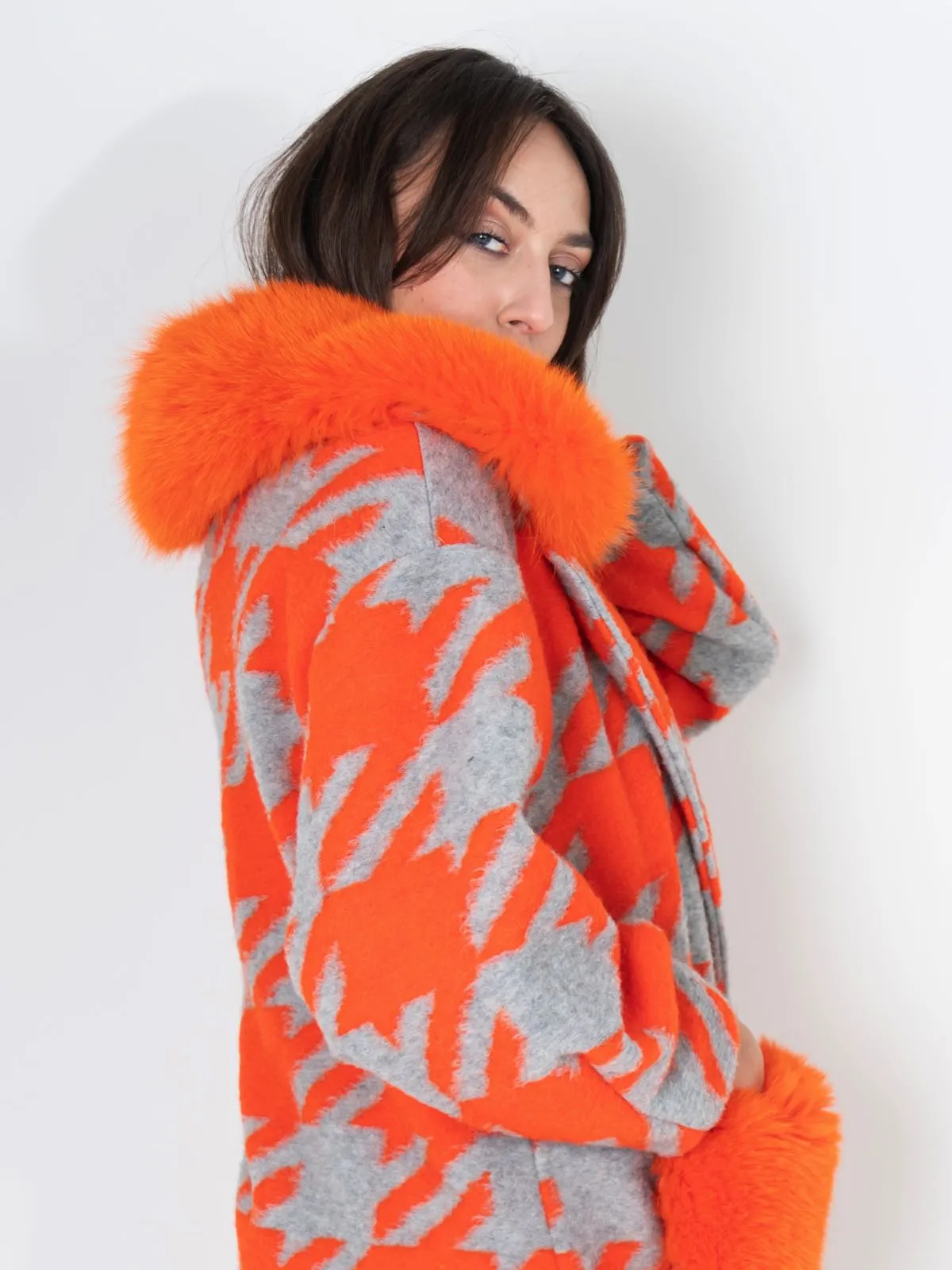 Gray Orange Patterned Fox Coat With Pockets And Collar