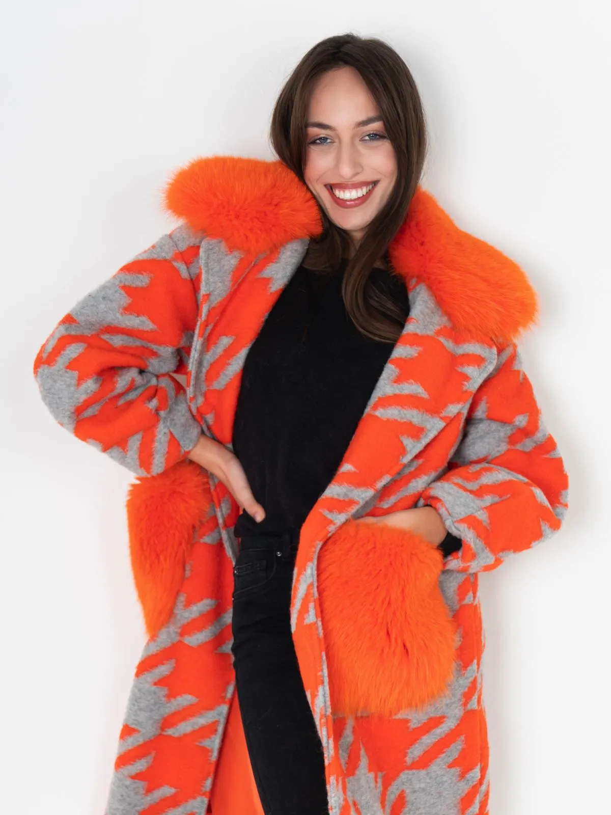 Gray Orange Patterned Fox Coat With Pockets And Collar