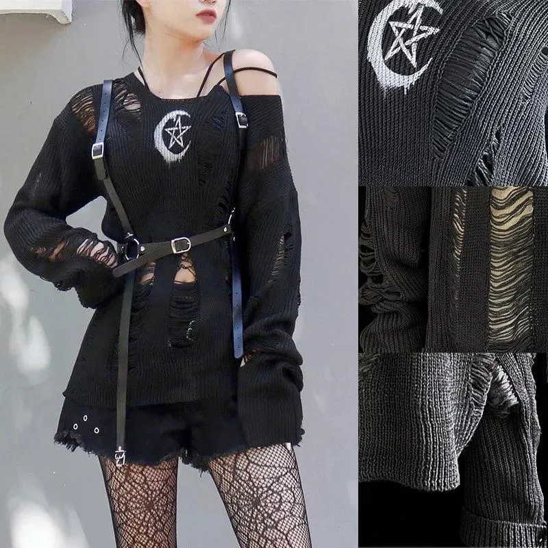 Grunge Gothic Sweater, Fashionable Torn Long Sleeve Pullover For Women