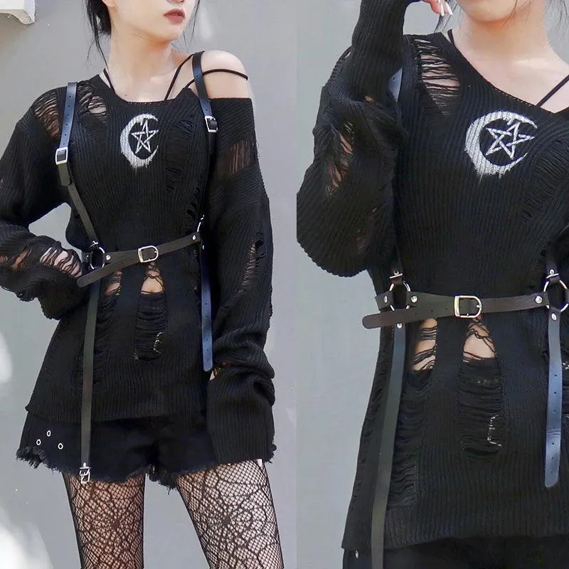 Grunge Gothic Sweater, Fashionable Torn Long Sleeve Pullover For Women