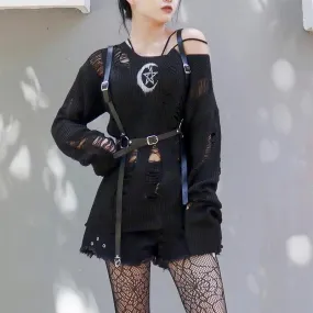 Grunge Gothic Sweater, Fashionable Torn Long Sleeve Pullover For Women