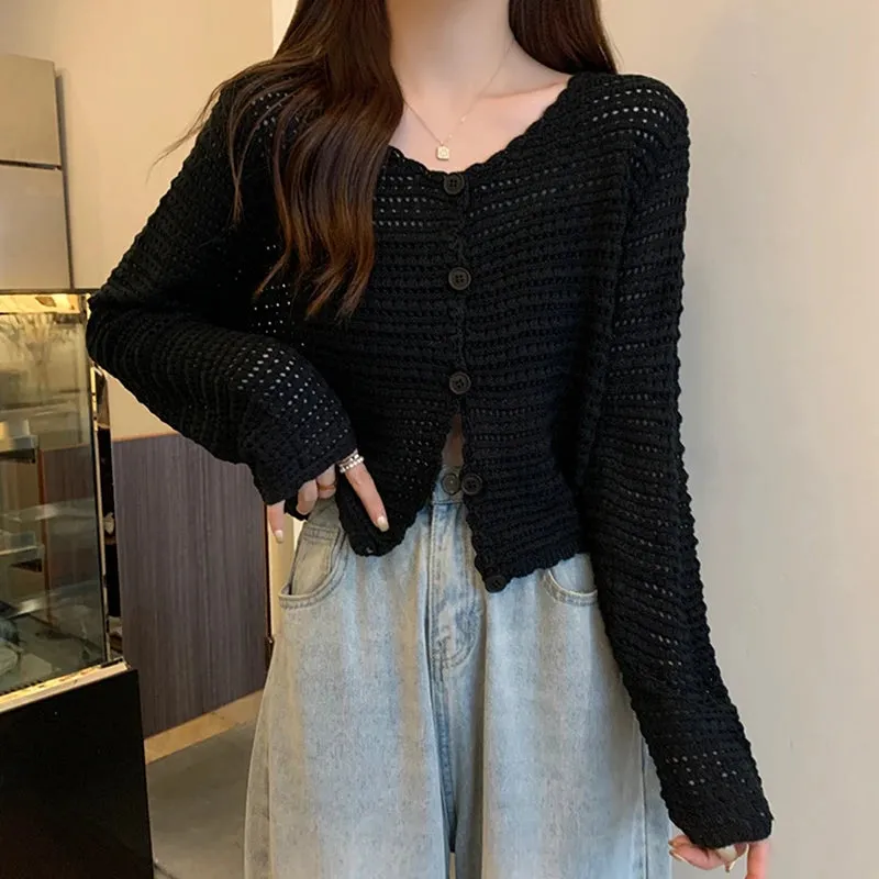 HELIAR Women Buttons Up Short Cardigan Coat Knitted Hollow Out Smock Top Long Sleeved Thin Summer T-shirt Ruffles Casual Shirt