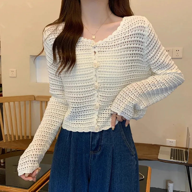 HELIAR Women Buttons Up Short Cardigan Coat Knitted Hollow Out Smock Top Long Sleeved Thin Summer T-shirt Ruffles Casual Shirt