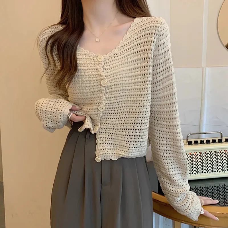 HELIAR Women Buttons Up Short Cardigan Coat Knitted Hollow Out Smock Top Long Sleeved Thin Summer T-shirt Ruffles Casual Shirt