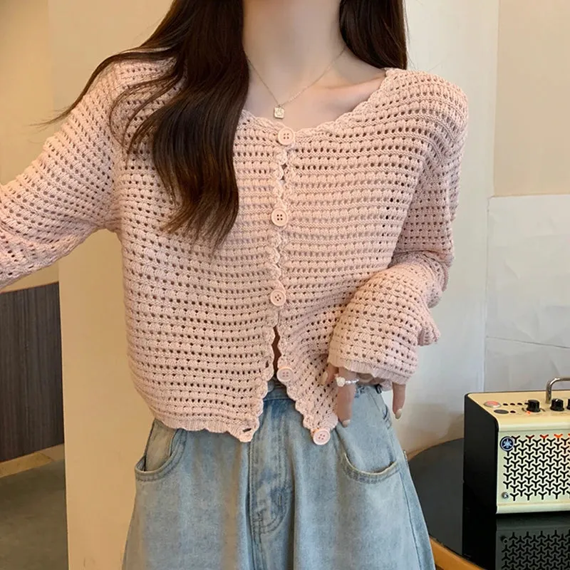 HELIAR Women Buttons Up Short Cardigan Coat Knitted Hollow Out Smock Top Long Sleeved Thin Summer T-shirt Ruffles Casual Shirt