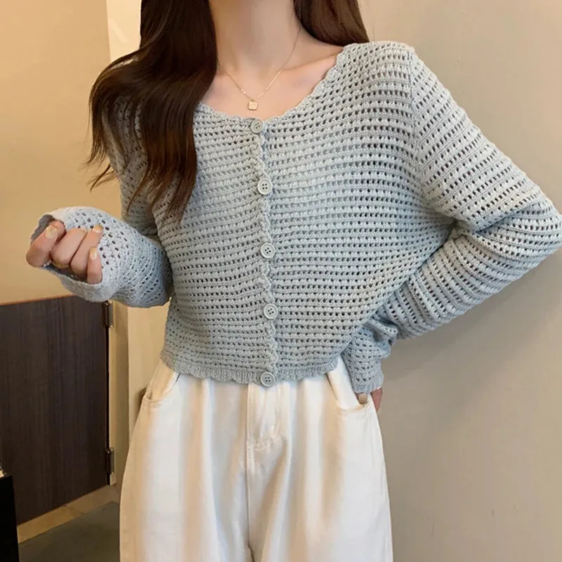 HELIAR Women Buttons Up Short Cardigan Coat Knitted Hollow Out Smock Top Long Sleeved Thin Summer T-shirt Ruffles Casual Shirt