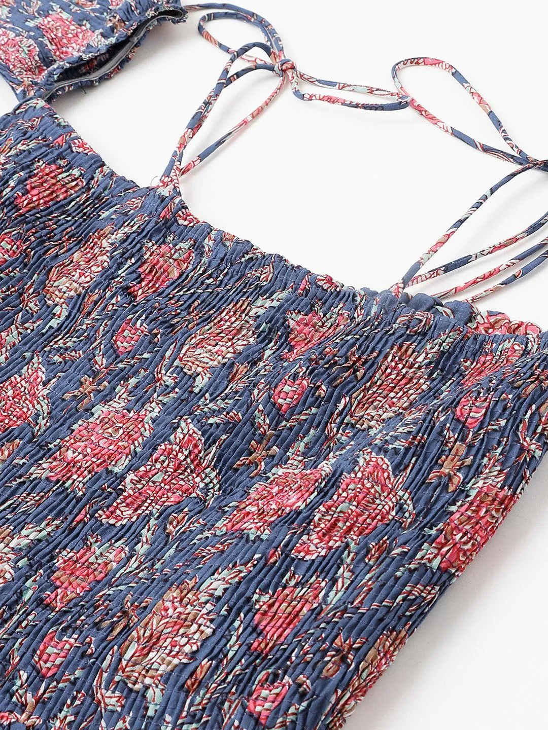 Jashvi Blue Floral Printed Shoulder Strips Flared Long Dress