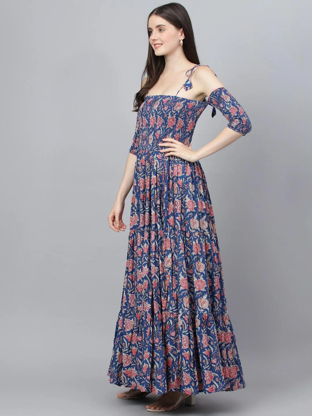 Jashvi Blue Floral Printed Shoulder Strips Flared Long Dress