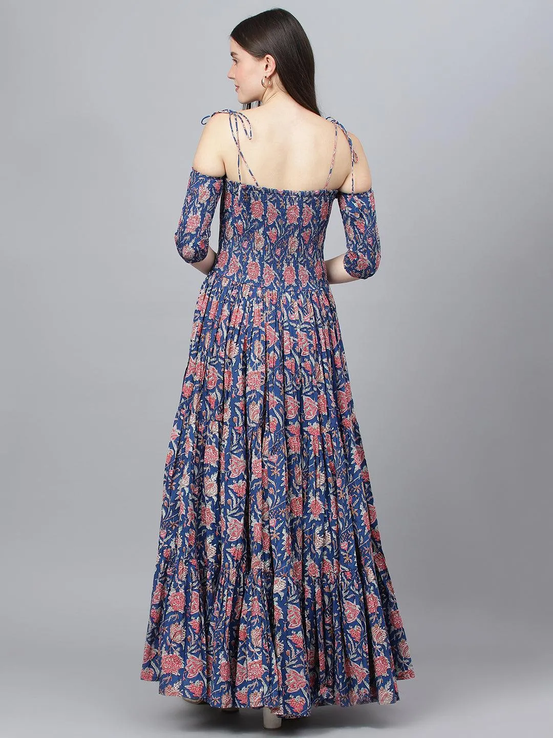 Jashvi Blue Floral Printed Shoulder Strips Flared Long Dress