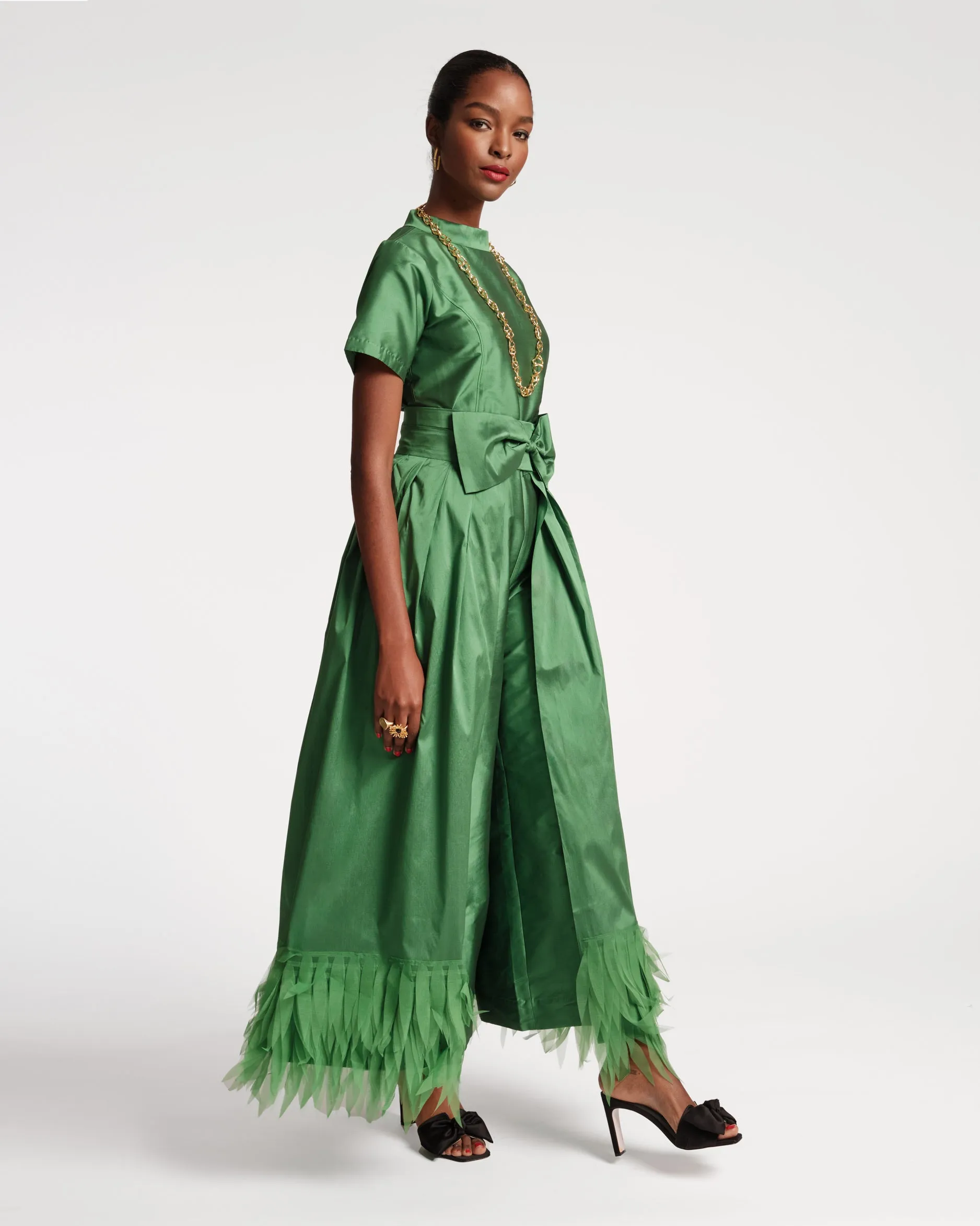 Jody Jumpsuit Feather Fringe Emerald Black