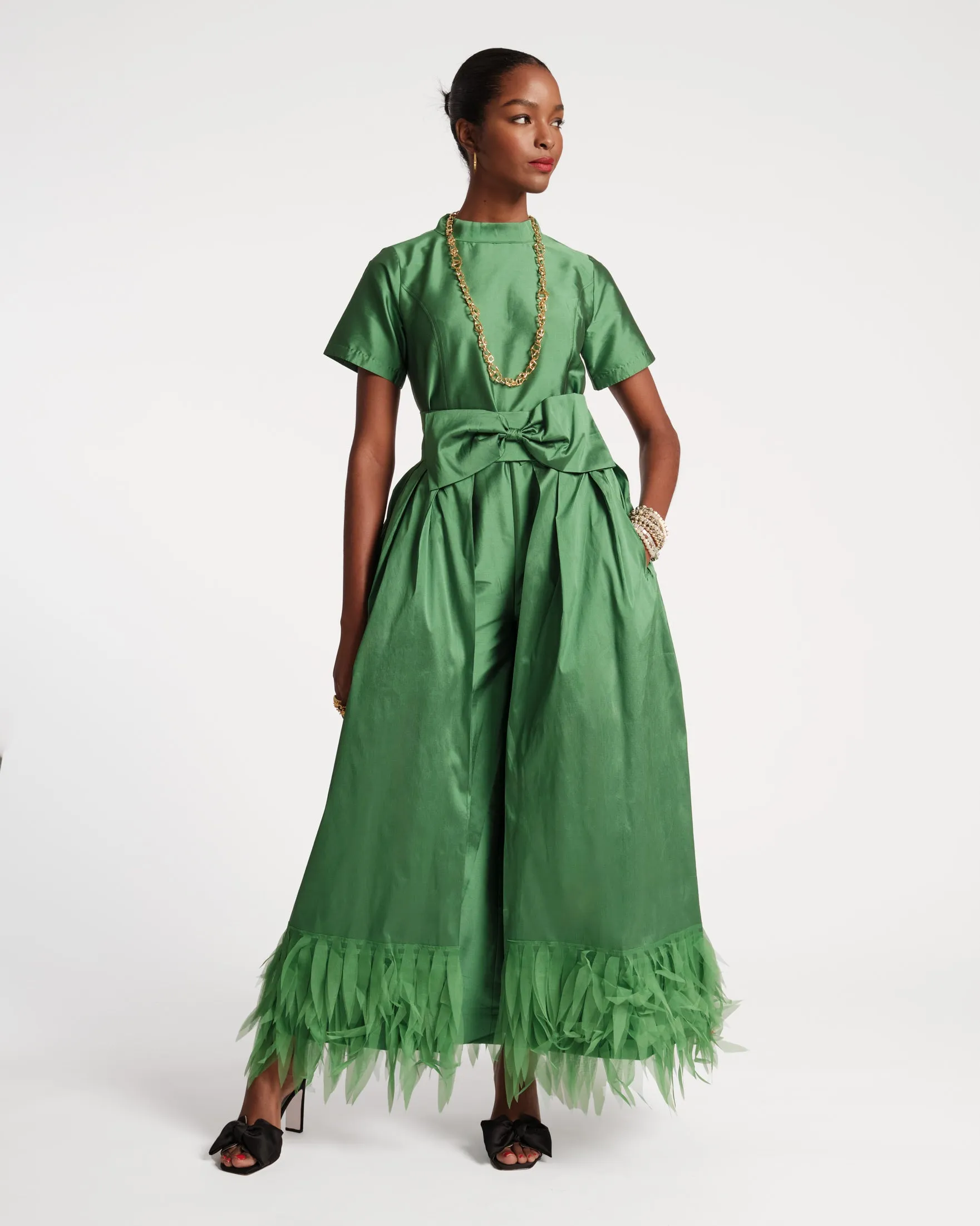 Jody Jumpsuit Feather Fringe Emerald Black
