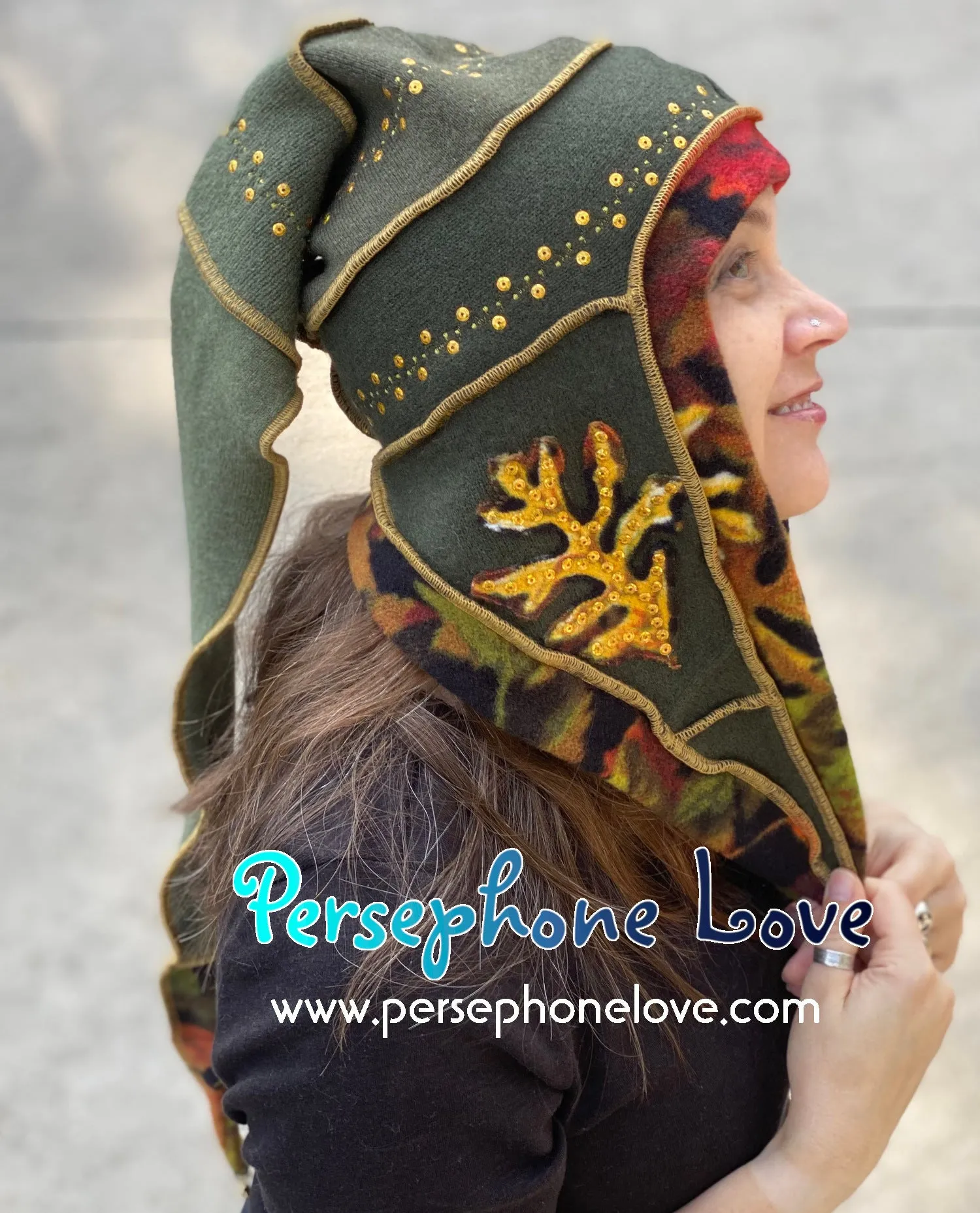 Katwise inspired green felted 100% cashmere sequins pixie jester hat-1484