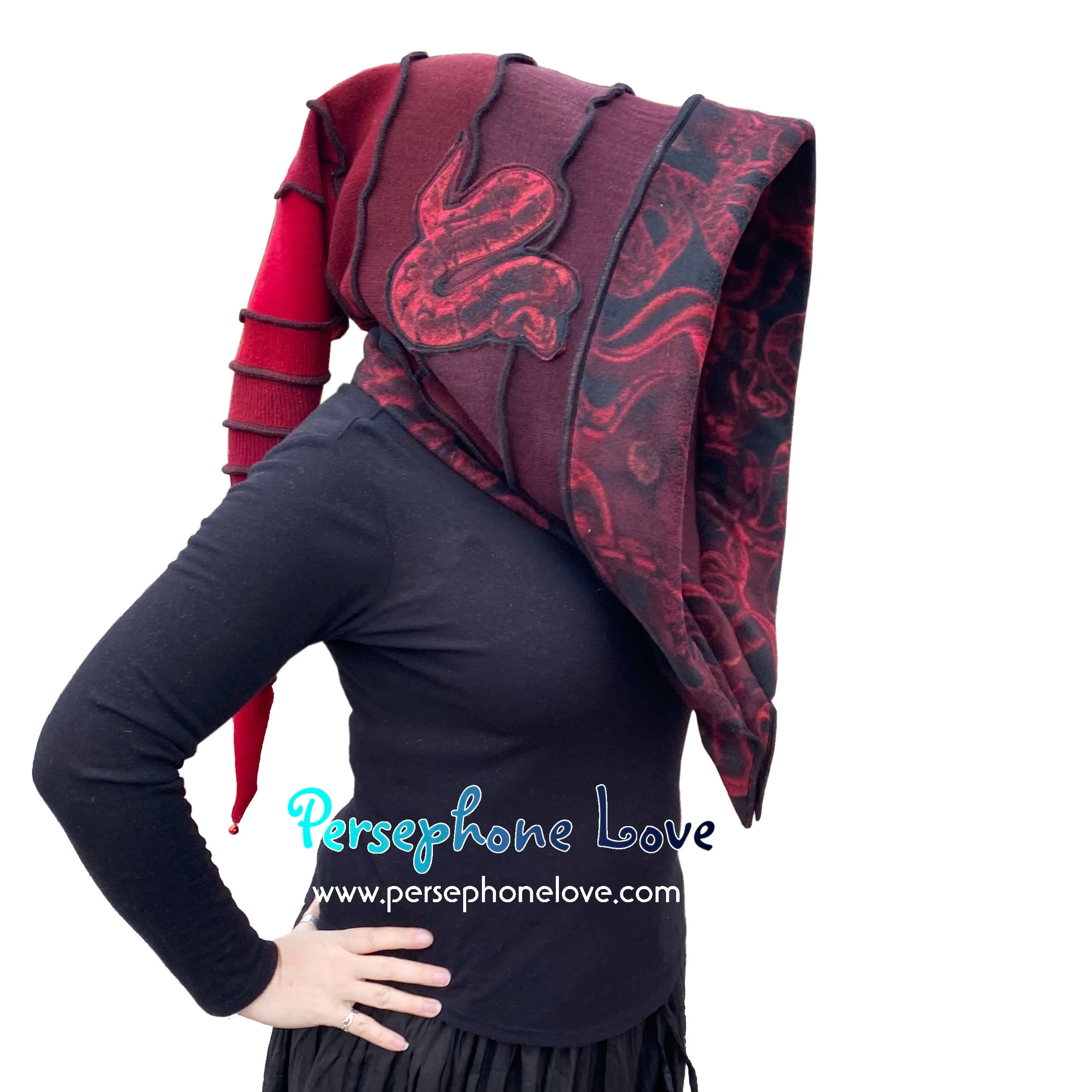 Katwise inspired red triple-felted 100% cashmere recycled sweater elf hat/hood-1664